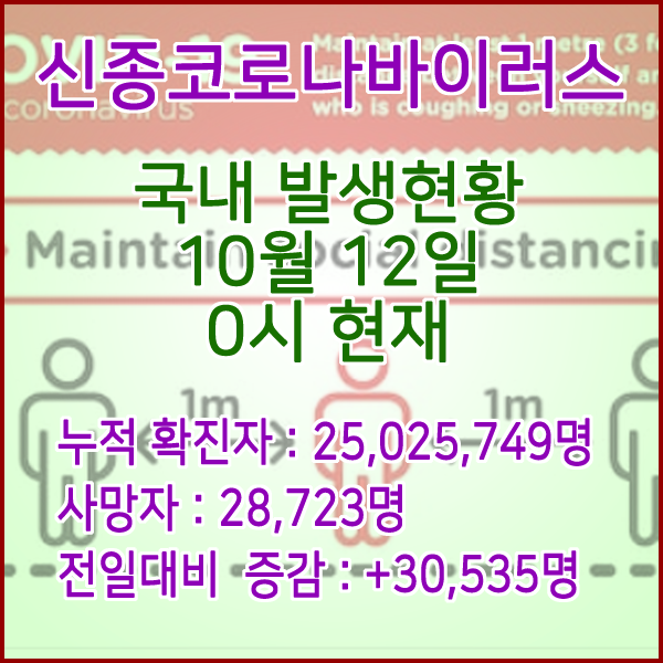  코로나19(코로나바이러스) 10월 12일 0시 신규확진자 30,535명 / 사망자 28,723명