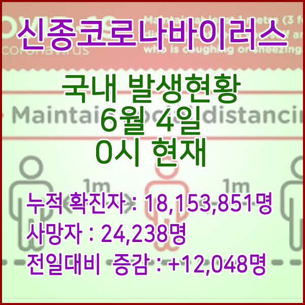  코로나19(코로나바이러스) 6월 4일 0시 신규확진자 12,043명 / 사망자 24,238명