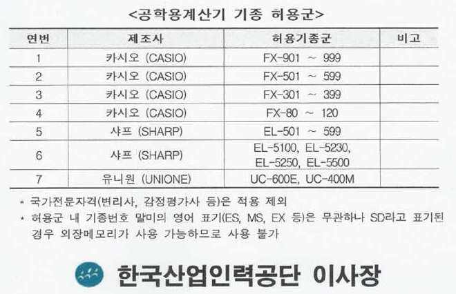  전기기능사 - 필기시험시 소지가능한 공학계산기 기종(모델명)