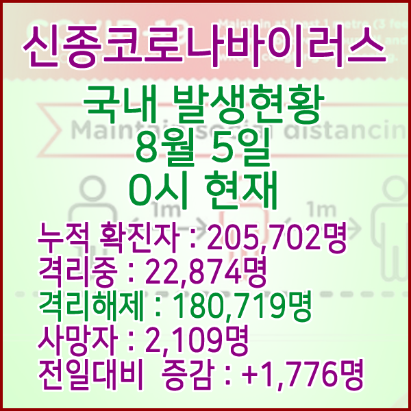  코로나19(코로나바이러스) 8월 05일 0시 국내(해외포함) 발병 205,702명 / 180,719명 완치 격리해제 / 사망자 2,109명