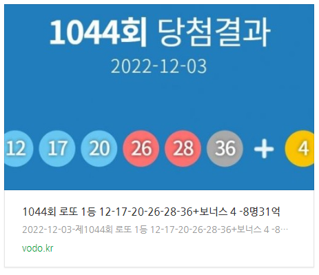 [오늘뉴스] 1044회 로또 1등 12-17-20-26-28-36+보너스 4 -8명31억 등