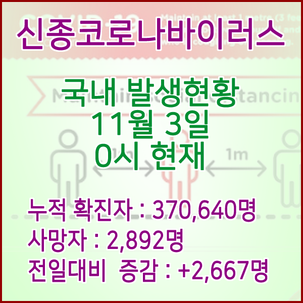  코로나19(코로나바이러스) 11월 3일 0시 신규확진자 2,667명 / 사망자 2,892명