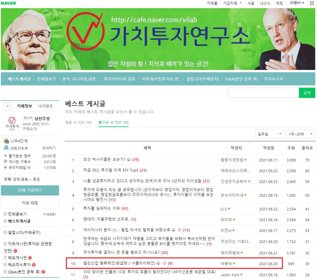  [경] 네이버 가치투자연구소 베스트 게시글 등재 [축]