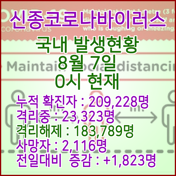  코로나19(코로나바이러스) 8월 07일 0시 국내(해외포함) 발병 209,228명 / 183,789명 완치 격리해제 / 사망자 2,116명