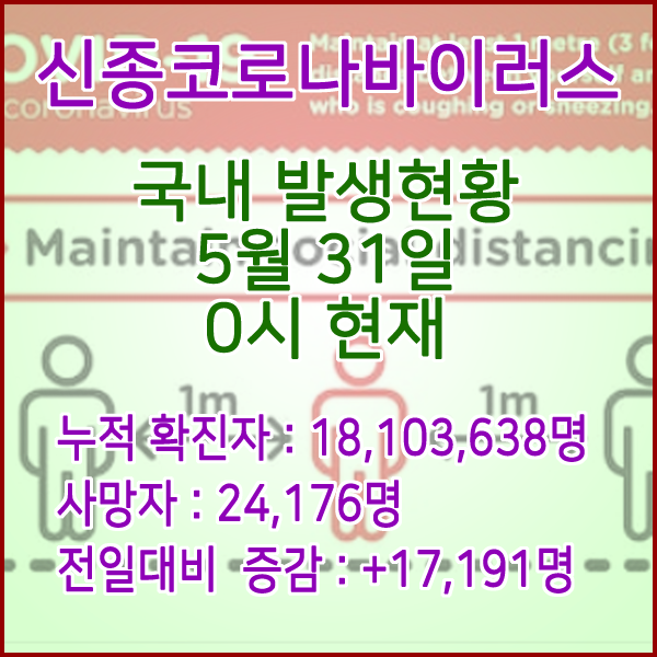  코로나19(코로나바이러스) 5월 31일 0시 신규확진자 17,191명 / 사망자 24,176명