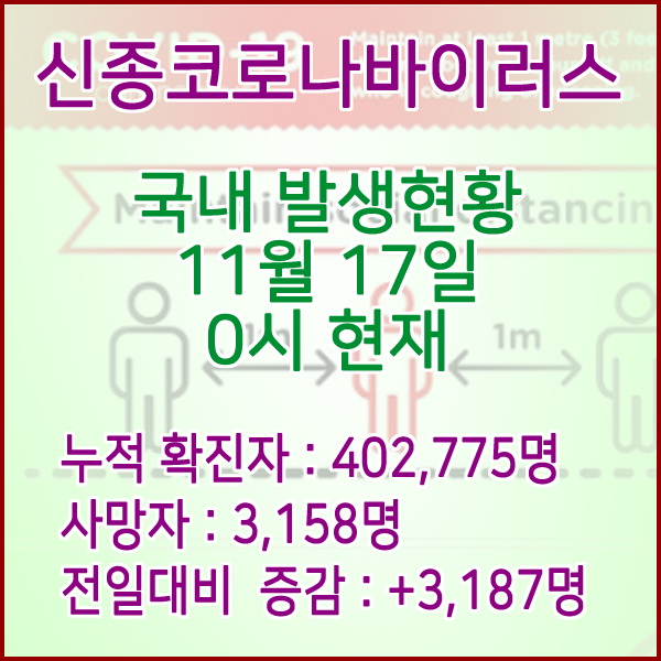  코로나19(코로나바이러스) 11월 17일 0시 신규확진자 3,187명 / 사망자 3,158명