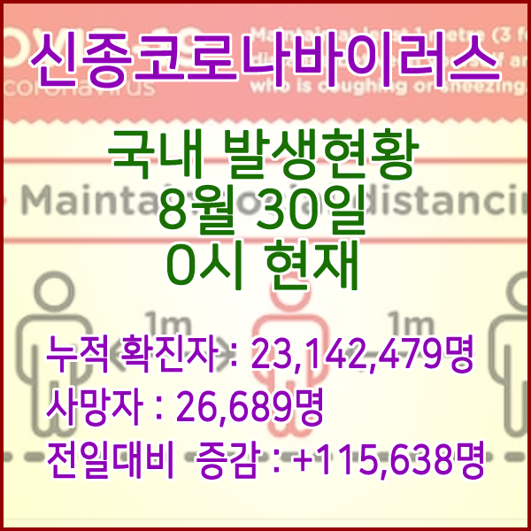  코로나19(코로나바이러스) 8월 30일 0시 신규확진자 115,638명 / 사망자 26,689명