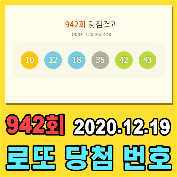  942회로또당첨번호 & 로또당첨금 1등판매점 [추첨일 2020.12.19]