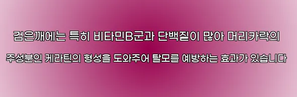  검은깨에는 특히 비타민B군과 단백질이 많아 머리카락의 주성분인 케라틴의 형성을 도와주어 탈모를 예방하는 효과가 있습니다