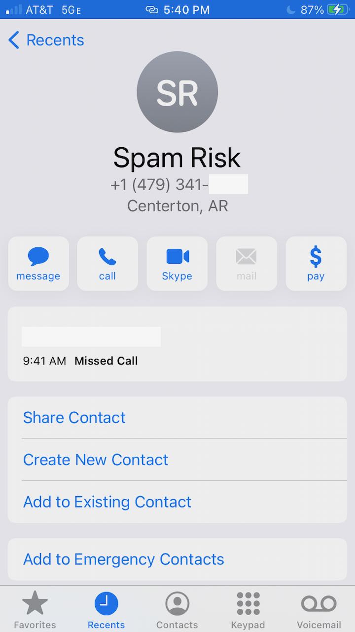 screenshot of iPhone Message&#44; showing an example of incoming call which is classified as a spam
