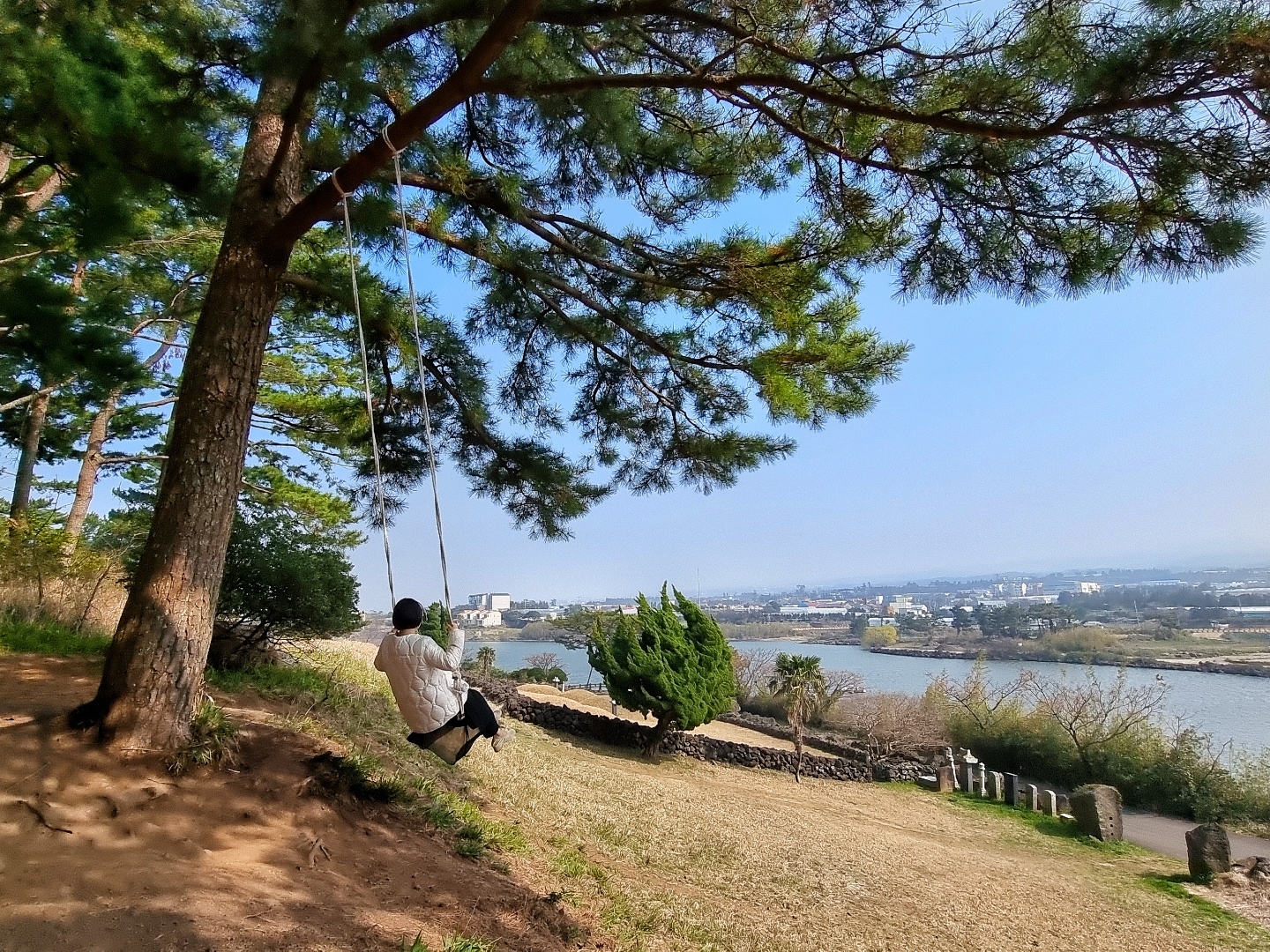 나무그네에 앉아 그네타는 여자