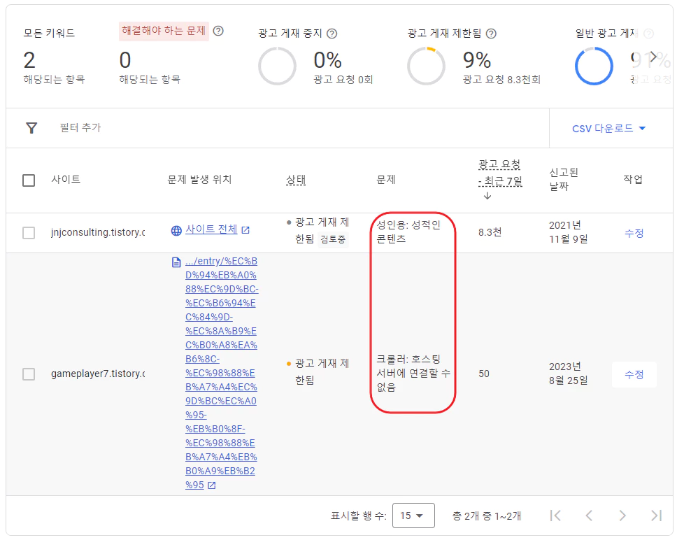 애드센스광고제한