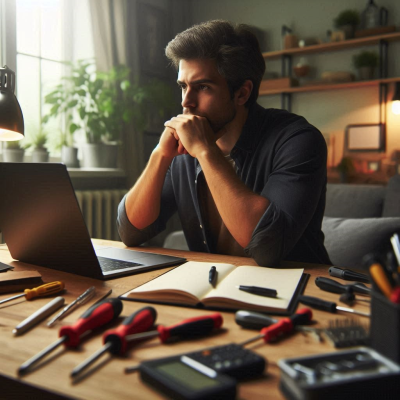 노트북 앞에서 고민하는 남성이 수리 도구들을 앞에 둔 모습