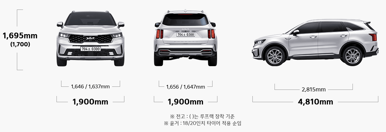 쏘렌토 차량의 외관 제원값을 나타낸 사진이다.