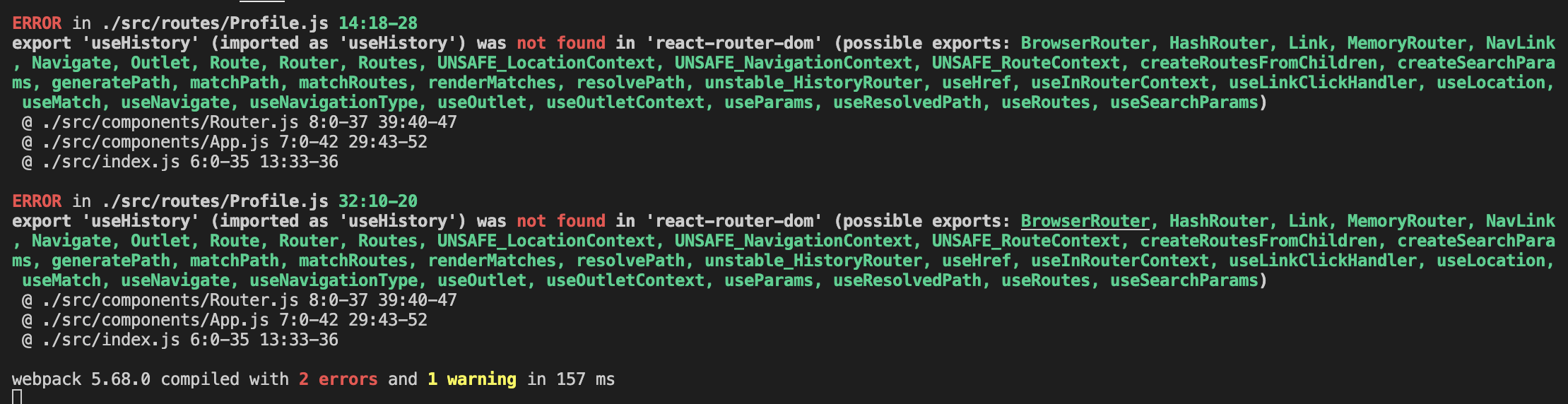 This is error log of &quot;export &#39;useHistory&#39; (imported as &#39;useHistory&#39;) was not found in &#39;react-router-dom&#39;&quot;