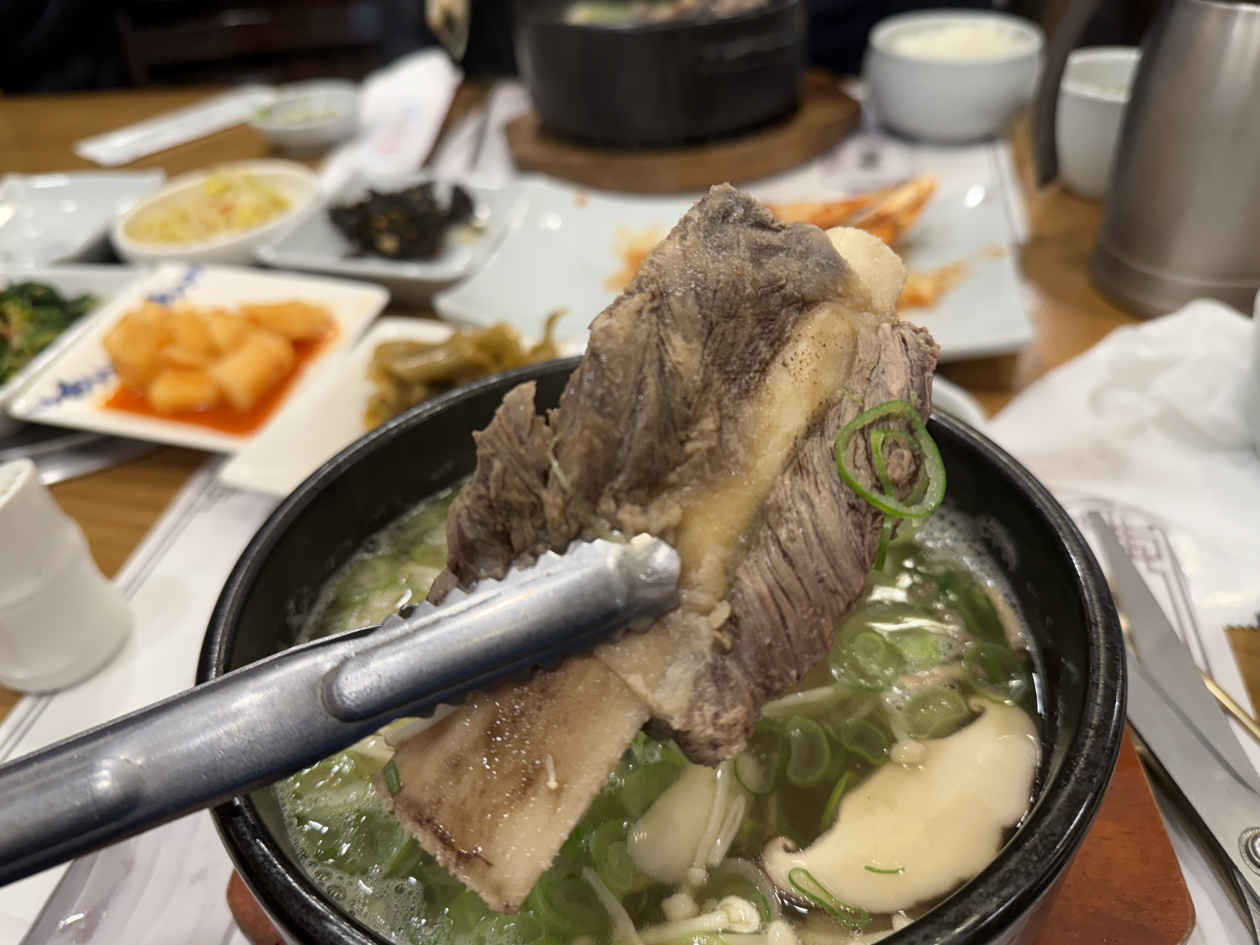두툼한 고기가 있는 갈비살이 3대 들어있는 갈비탕