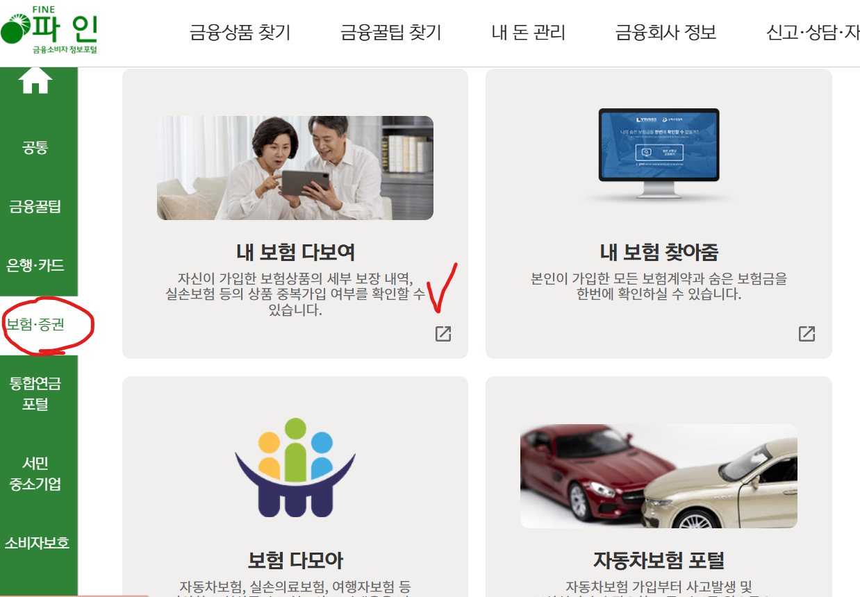 "내보험다보여" 를 클릭 화면