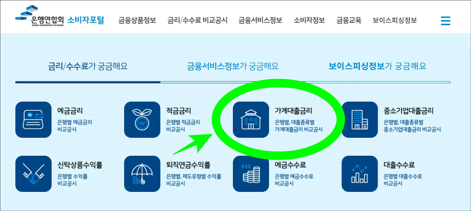 은행연합회 소비자포털 공식 홈페이지()에 접속 후 가계 대출금리를 클릭하기