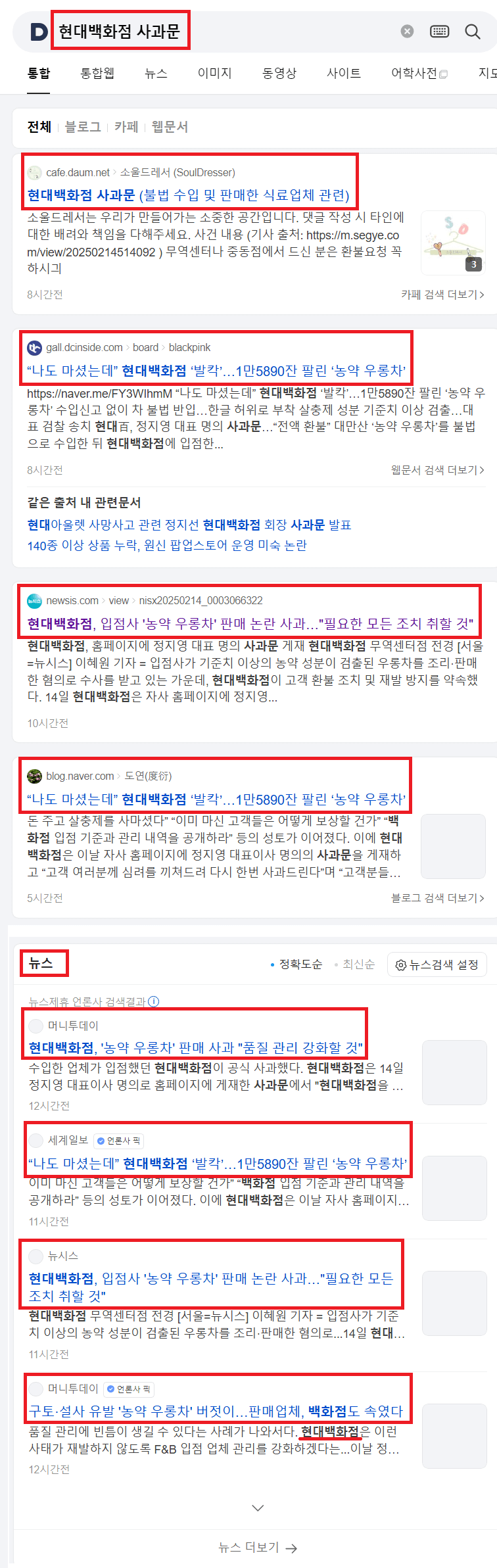 다음 검색창에 현대백화점 사과문을 검색했을때 나오는 화면 전체 캡쳐 이미지