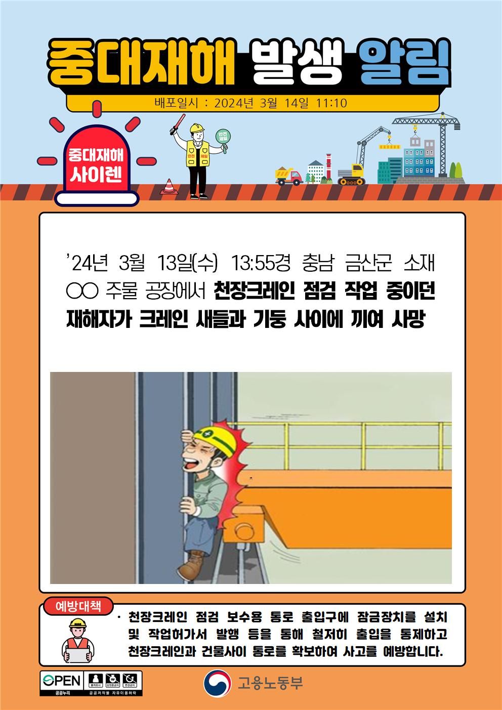 천장크레인 점검 작업 중 크레인 새들과 기둥사이에 끼임
