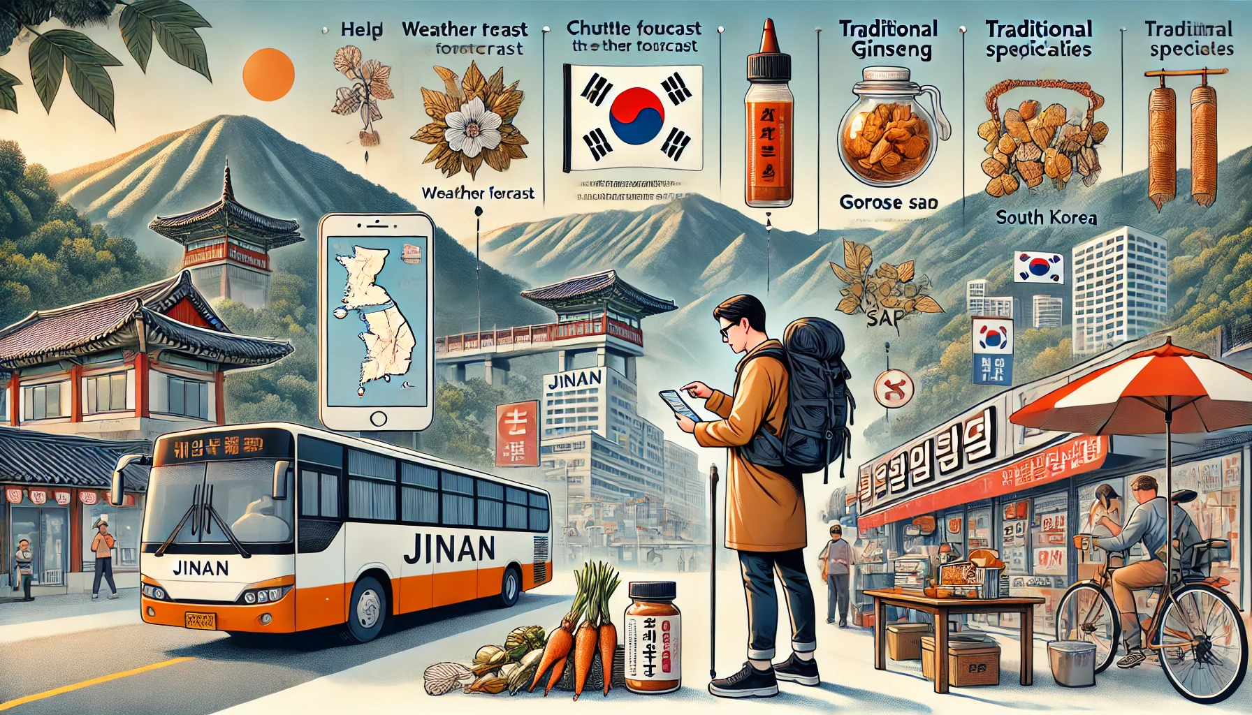 전라북도 진안 여행을 위한 유용한 팁을 담은 이미지. 한 사람이 스마트폰으로 날씨를 확인하는 모습, 주요 관광지를 연결하는 셔틀버스, 지역 특산물인 홍삼과 고로쇠 제품이 진열된 시장 풍경, 그리고 등산 장비를 갖추고 진안고원길 트레킹을 준비하는 하이커의 모습이 조화를 이루고 있다.