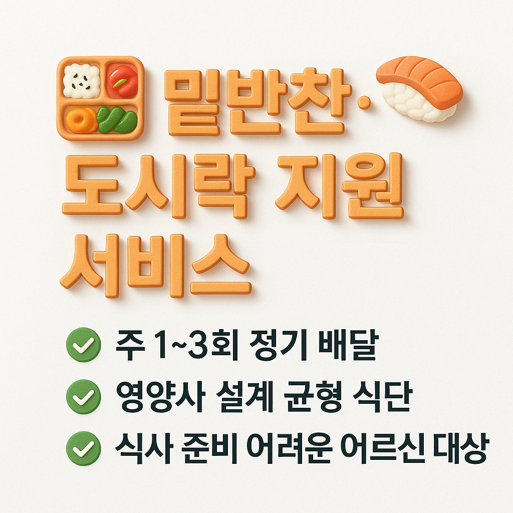 밑반찬과 도시락을 정기적으로 지원하는 서비스 요약 카드 – 균형 잡힌 식단, 주 1~3회 배달