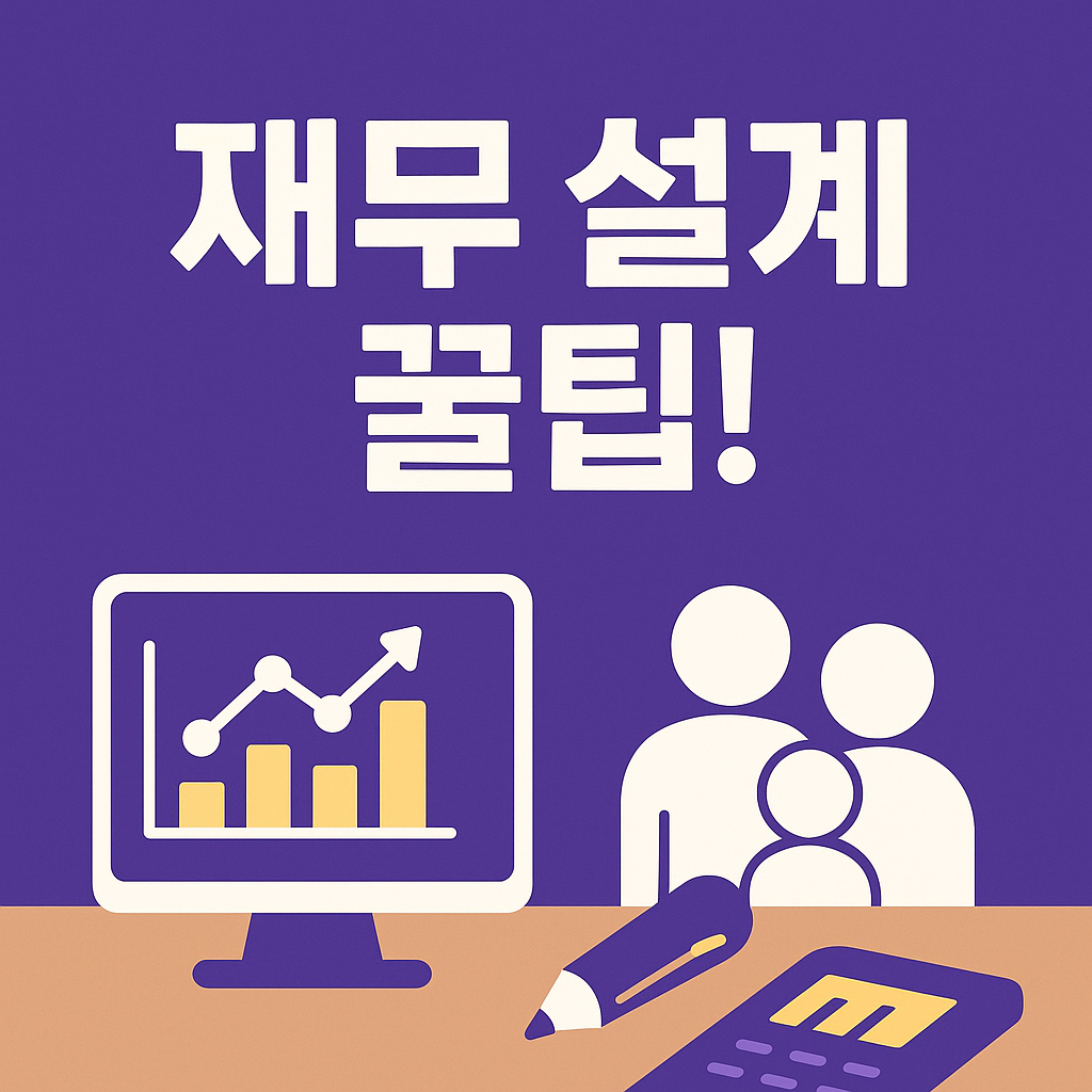 진한 보랏빛 배경 위에 고대비 흰 텍스트 ‘재무 설계 꿀팁!’과 시뮬레이션 차트 아이콘·가족 아이콘이 정렬된 2D 일러스트 썸네일 이미지