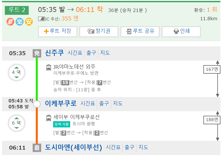 이케부쿠로역 경유 후 도시마엔역 이동시