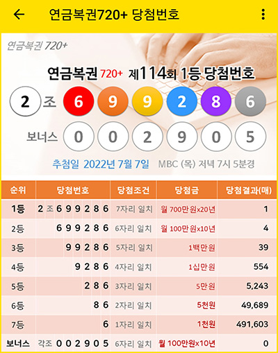 연금 복권 720+ 당첨번호 추첨결과