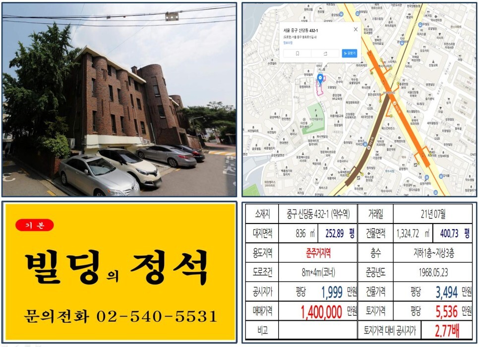  [중구 준주거지역 100억 오피스빌딩 실거래가 조회] 신당동 432-1 (약수역) 140억 원, 평당 5,536만 원 매매되었습니다.