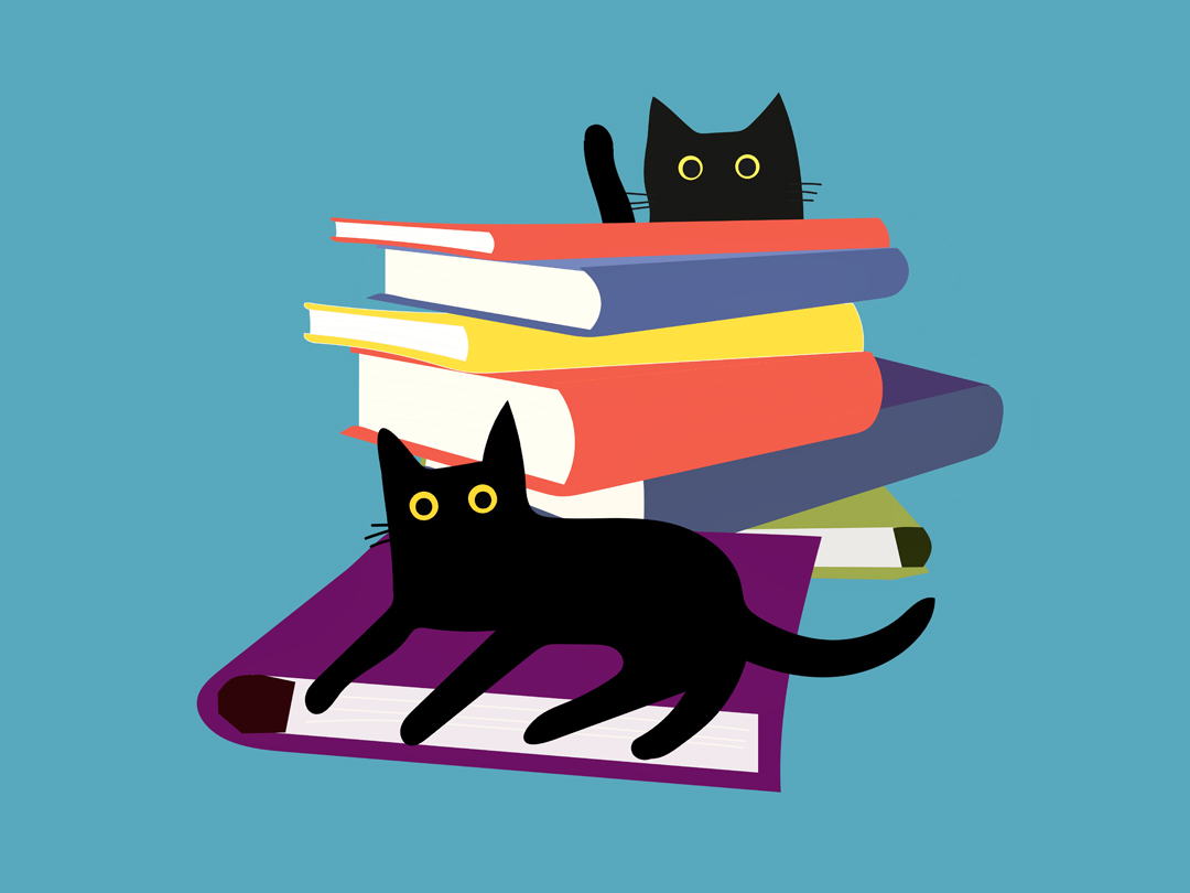 책 사이에 있는 고양이 두 마리 일러스트 무료 이미지