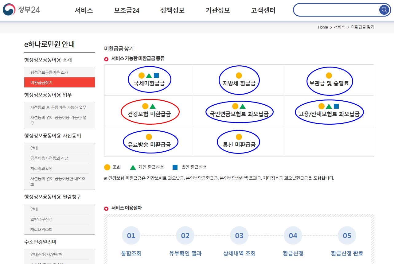 정부24에서 e하나로민원 하위 미환급금찾기