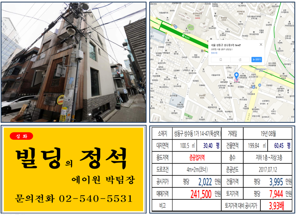  [성동구 뚝섬역 초역세권 신축 꼬마빌딩 실거래가 조회] 성수동1가 14-47(뚝섬역) 24.15억 원, 평당 7,944만 원, 20억 신축빌딩,