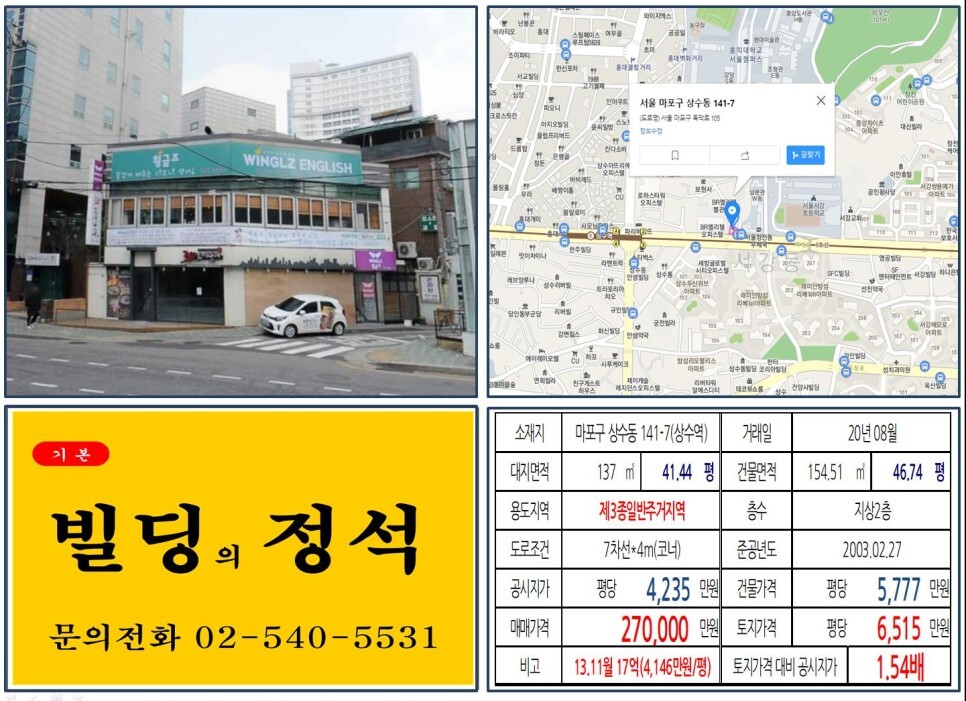  [마포구 광대로면 20억 꼬마빌딩 실거래가 조회] 상수동 141-7 (상수역) 27억 원, 평당 6,515만 원 매매되었습니다. 홍익대학교, 당