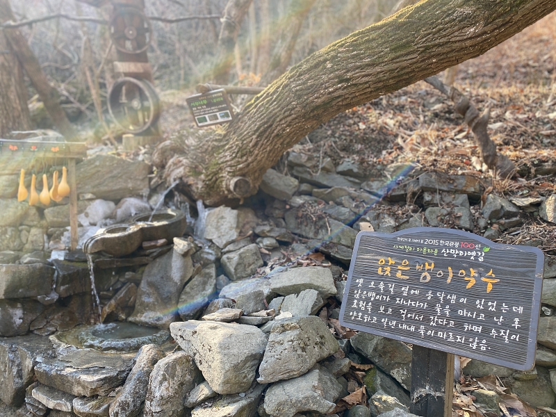 산위에서 물이 내려오는 약수터에 조롱박 컵이 메달려있다