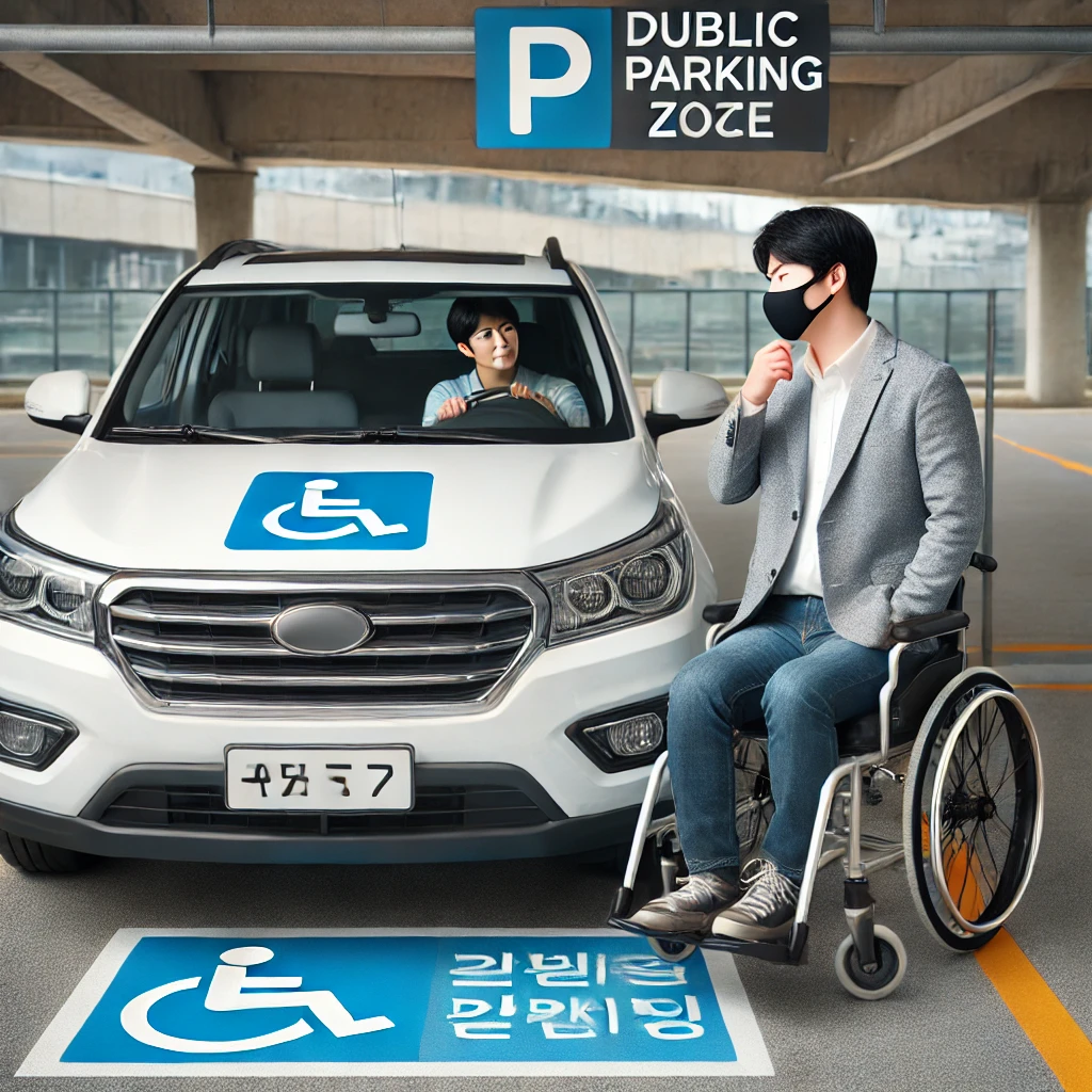 장애인 차량 표지를 부착한 자동차가 장애인 전용 주차구역에 주차된 모습
