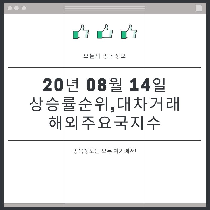  [20년 08월 14일]주요국지수및 대차거래와 오늘의 상승순위