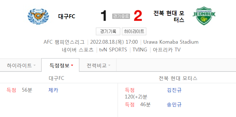  대구FC VS 전북 현대 모터스 - 2022년 아시아 챔피언스리그 (ACL) 16강전 하이라이트