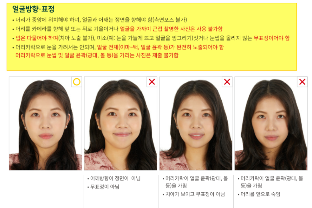 여권 사진 앞머리와 귀 노출 조건