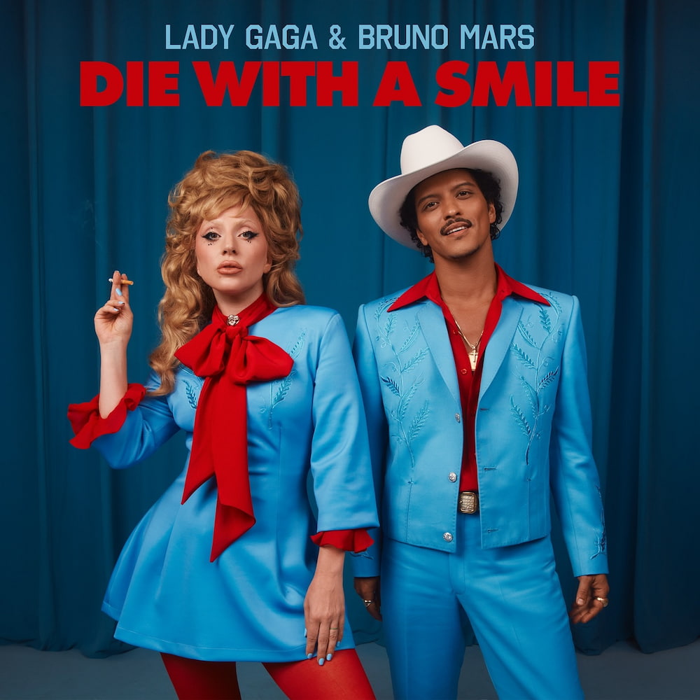 Lady Gaga와 Bruno Mars가 함께 부른 ‘Die With A Smile’의, 앨범커버로 두 가수의 복고풍의 강렬한 의상이 눈에 띤다.