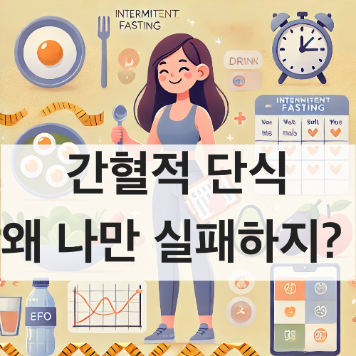 간헐적 단식 초보자를 위한 건강한 식단과 루틴 가이드를 담은 모던 플랫 스타일의 일러스트 이미지