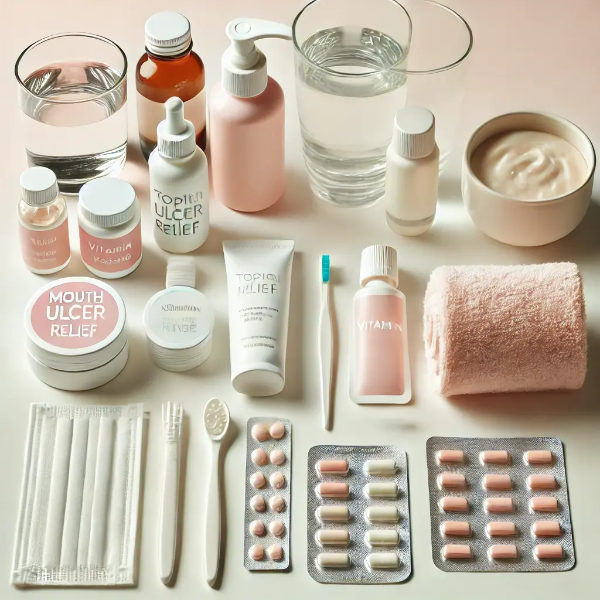 하얀 배경 위에 정리된 구내염 완화용 젤, 구강세정제, 비타민 B·C 보충제, 물 한 잔의 전문 스튜디오 촬영 사진
