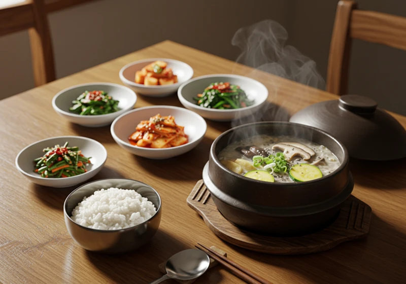 저염 버섯 들깨탕 뚝배기 따뜻한 밥 김치 나물 한국 가정식 건강 식단 푸근한 밥상 버섯요리 자연광 8K UHD.