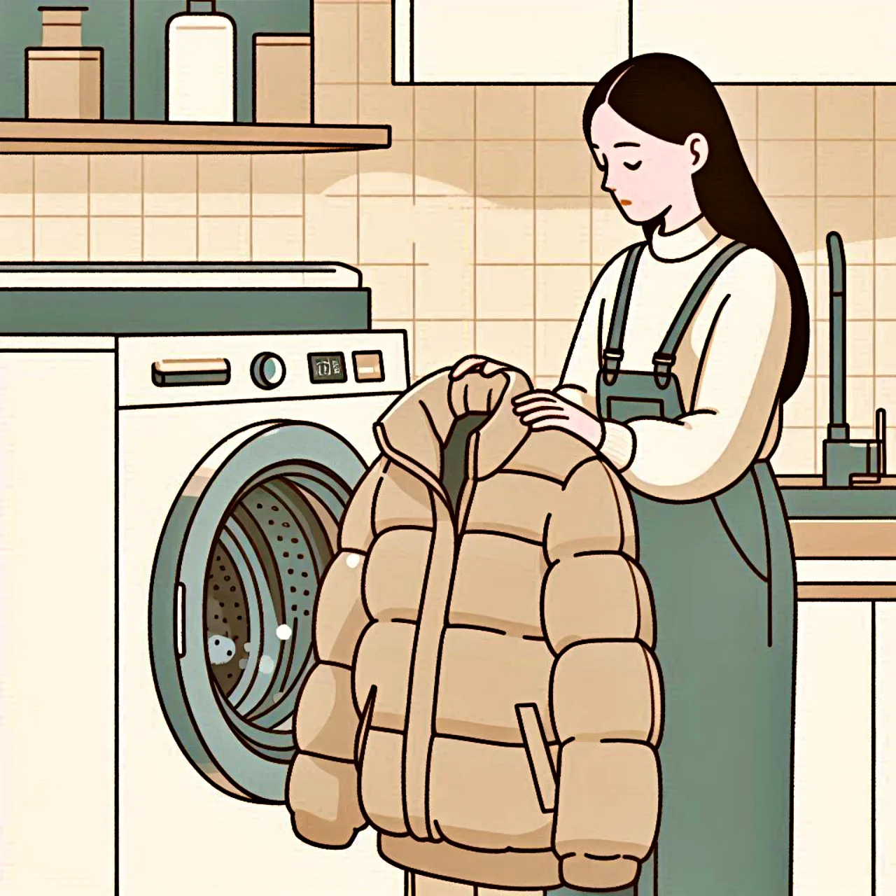 세탁기에 패딩을 넣는 여성 일러스트 / An illustration of a woman putting a padded jacket into a washing machine