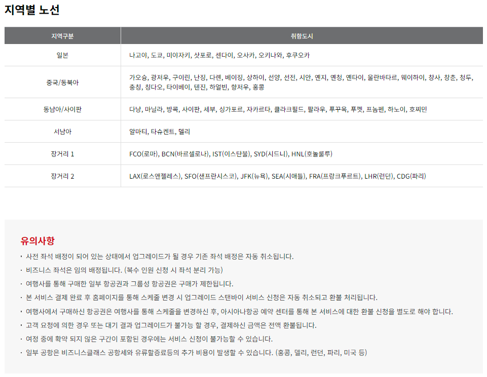 아시아나항공 업그레이드 스탠바이 서비스 운임표(편도)-서남아