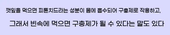  깻잎을 먹으면 피톤치드라는 성분이 몸에 흡수되어 구충제로 작용하고, 그래서 빈속에 먹으면 구충제가 될 수 있다는 말도 있다