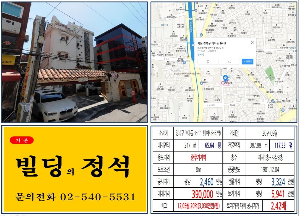  [강북구 미아사거리역 30억 꼬마빌딩 실거래가 조회] 미아동 36-11 (미아사거리역) 39억 원, 평당 5,941만 원 매매되었습니다.