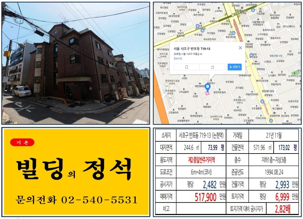  [서초구 신분당선 연장 30억 꼬마빌딩 실거래가 조회] 반포동 719-13 (논현역) 36억 2,143만 원, 평당 5,568만 원 매매되었습니다.