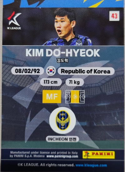 김도혁 선수 파니니 카드 뒷모습
