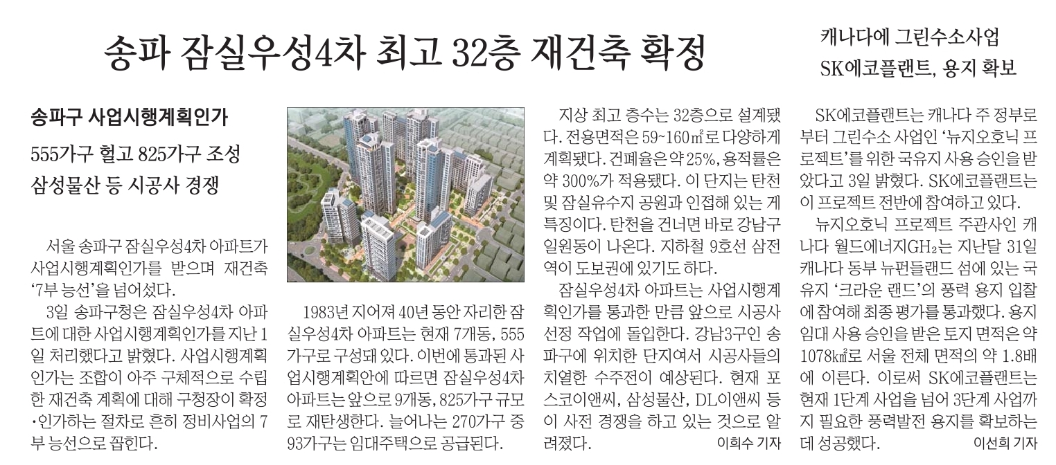 송파 잠실 우성 4차최고 32층 재건축 확정